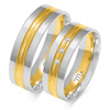 Obrączki ślubne płaskie ozdobione liniami i kamienia 6mm dwukolorowe żółte i białe złoto próba 585