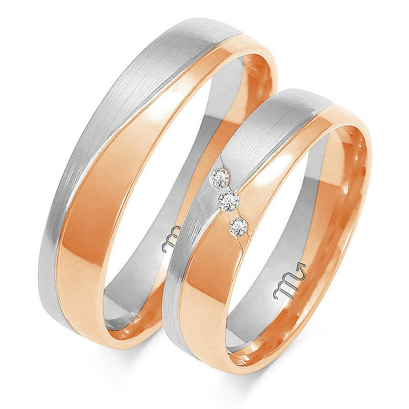 Obrączki ślubne półokrągłe 5mm z falą i kamienia dwukolorowe żółte i białe złoto próba 585