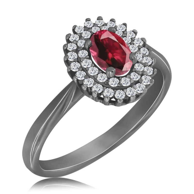 Czarny pierścionek z rubinem i diamentami 