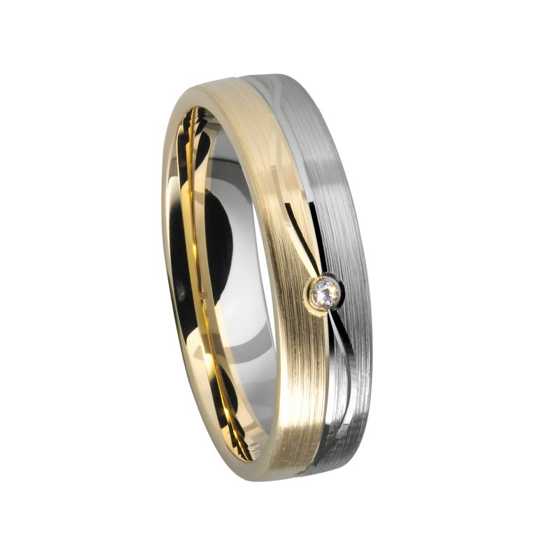 Obrączki ślubne półokrągłe z falą i kamieniem 6mm dwukolorowe złoto próba 585