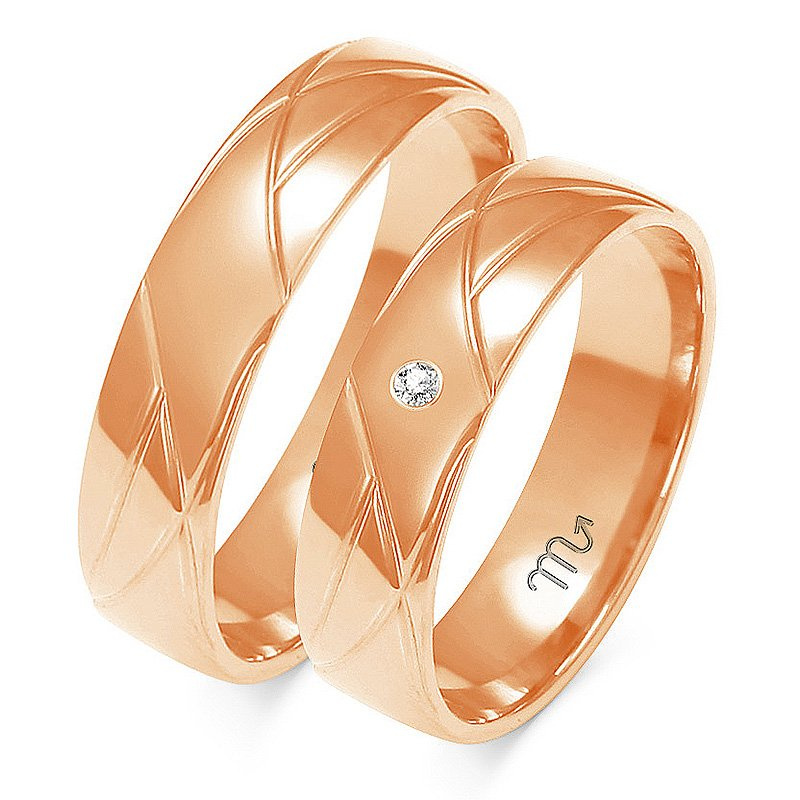 Obrączki ślubne półokrągłe 5mm z wzorem i kamieniem żółte złoto próba 585