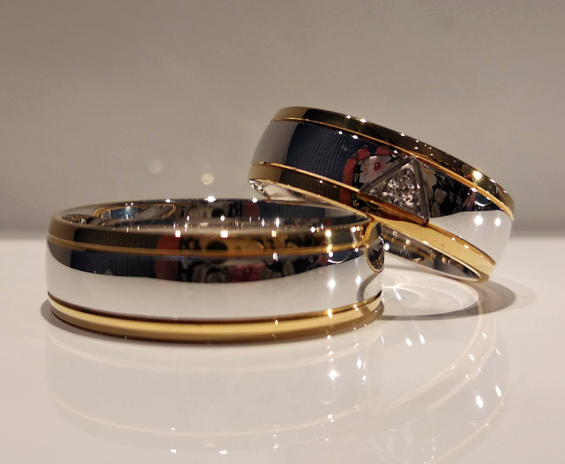 Obrączki ślubne półokrągłe 6mm z kamieniem dwukolorowe białe i żółte złoto próba 585