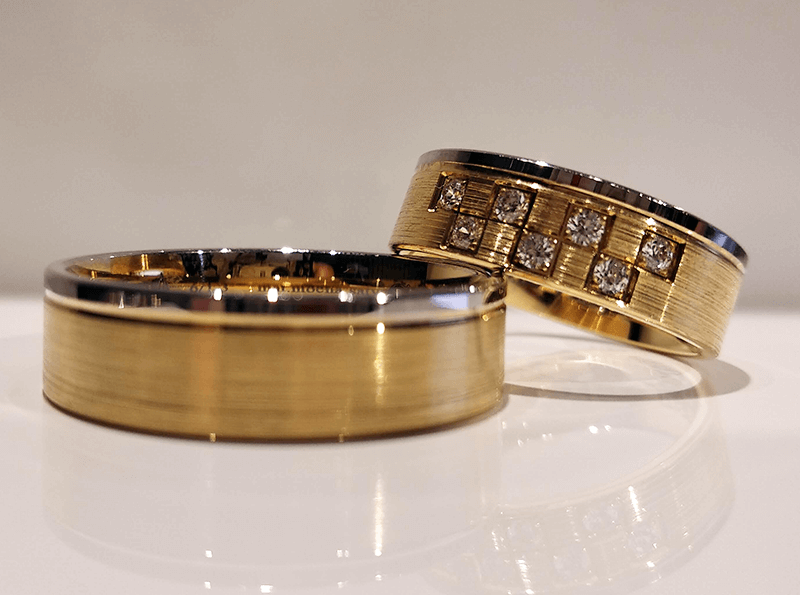 Dwukolorowe złote obrączki ślubne płaskie z kamieniami 6mm próba 585