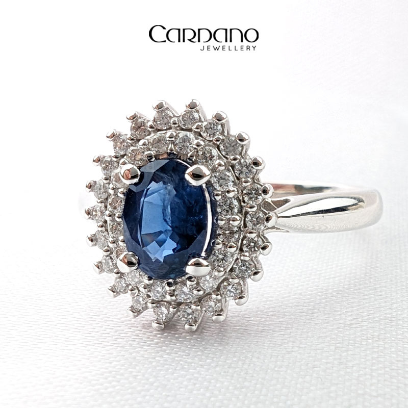 Pierścionek z szafirem i diamentami białe złoto 585