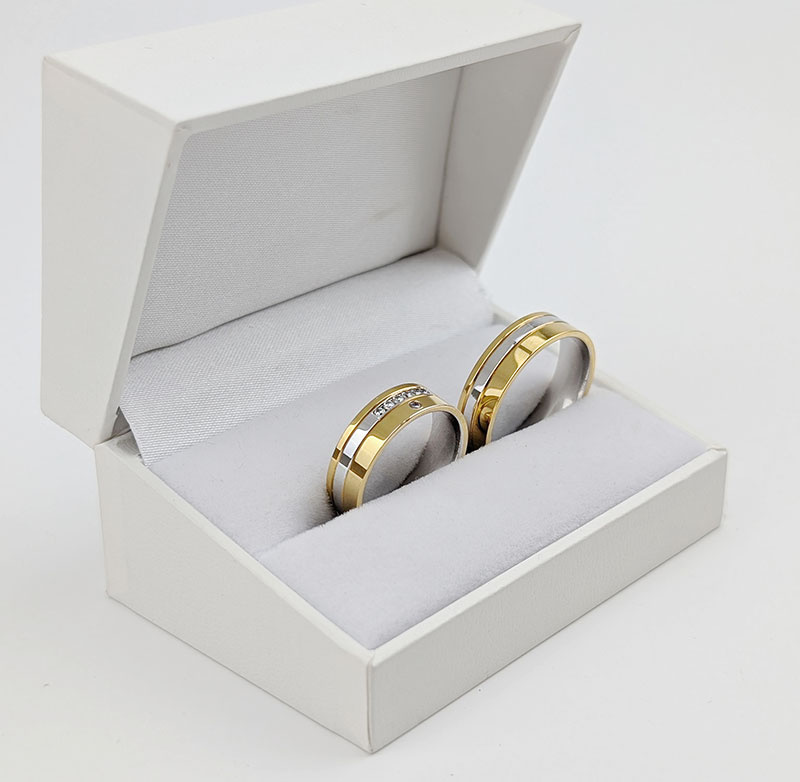 Obrączki ślubne płaskie 6mm z kamieniami dwukolorowe żółte i białe złoto próba 585