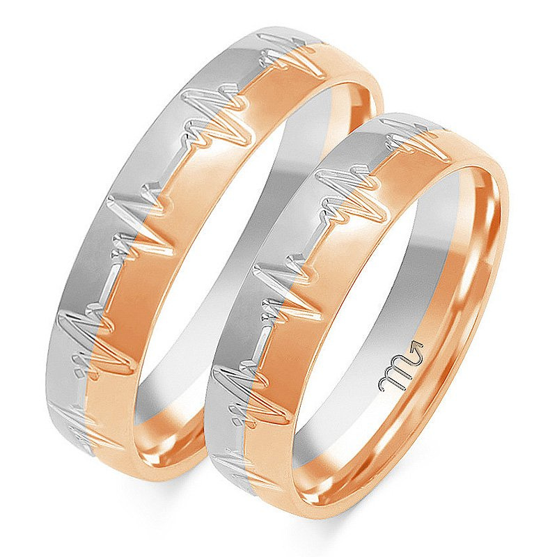 Obrączki ślubne półokrągłe 5mm z EKG bicia serca dwukolorowe żółte i białe złoto próba 585