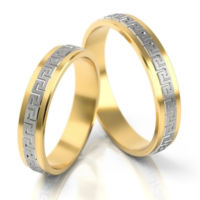 Płaskie obrączki ślubne z greckim wzorem 4mm dwukolorowe żółte i białe złoto próba 585