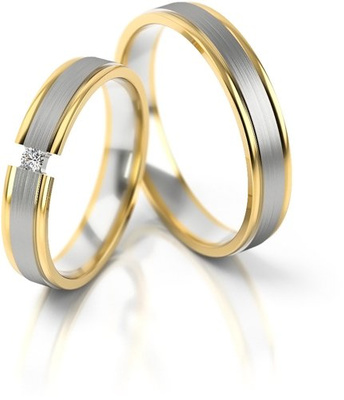 Obrączki ślubne z diamentem w nietypowej oprawie 4mm dwukolorowe białe i żółte złoto próba 585