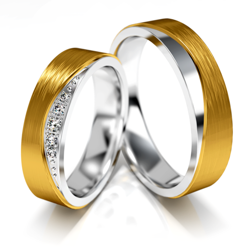 Obrączki ślubne płaskie 5mm matowe z kamieniami dwukolorowe żółte i białe złoto próba 585