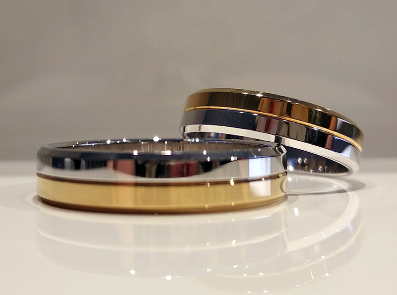 Obrączki ślubne płaskie fazowane 4,5mm dwukolorowe z żółtego i białego złota próba 585