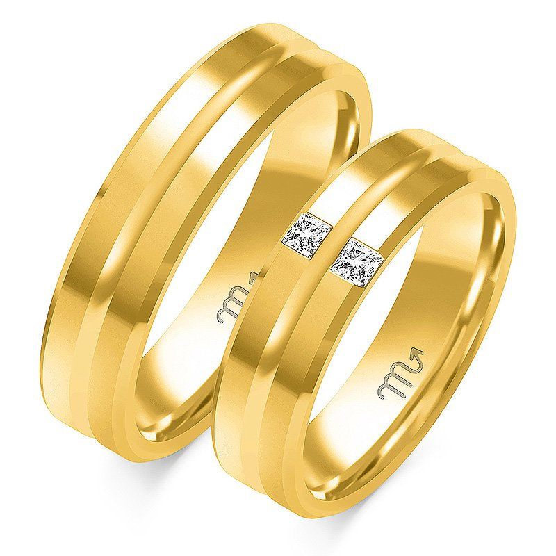 Obrączki ślubne fazowane 5,5mm z kamieniami dwukolorowe z żółtym i białym złotem próba 585