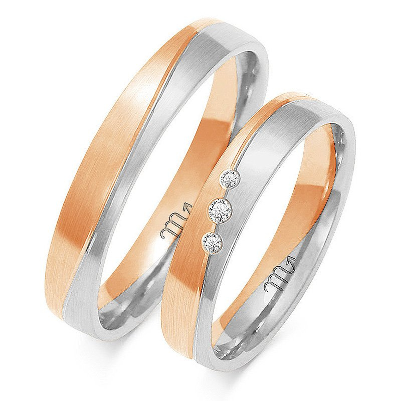 Obrączki ślubne z linią i kamieniami 4mm dwukolorowe żółte i białe złoto próba 585