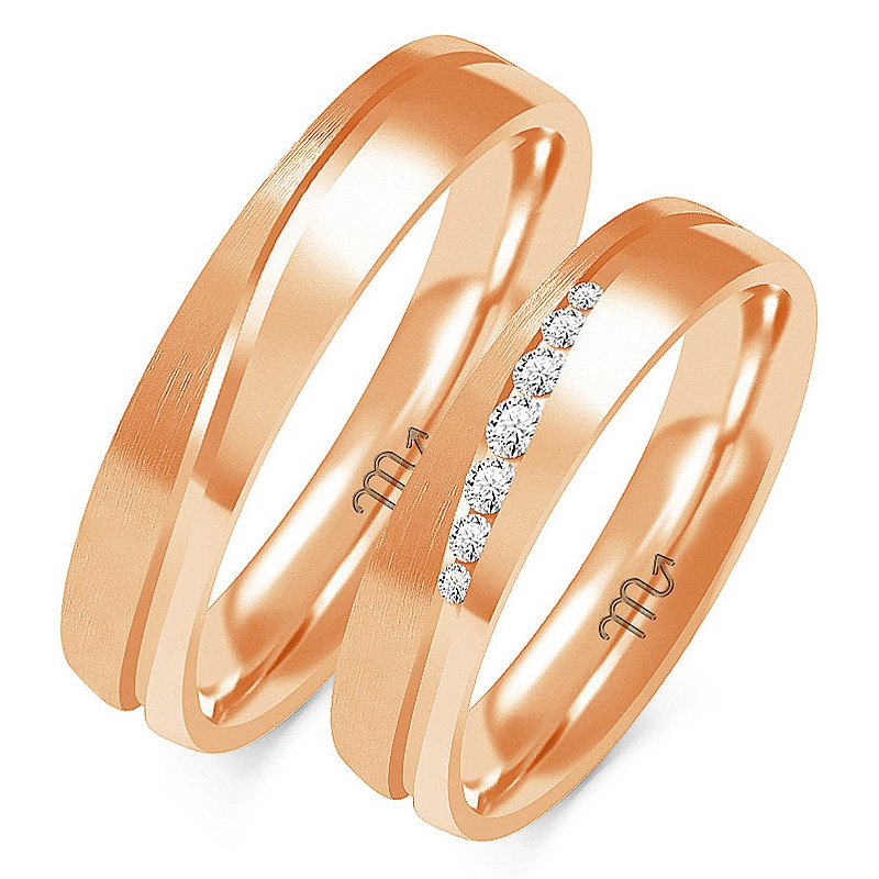 Obrączki ślubne płaskie z fugą i kamieniami 5mm dwukolorowe żółte i białe złoto próba 585