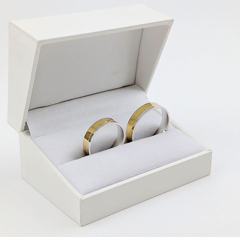 Obrączki ślubne płaskie 5mm z linią dwukolorowe żółte i białe złoto próba 585