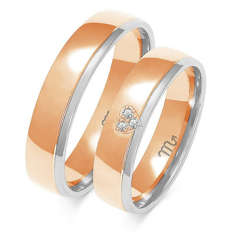 Obrączki ślubne półokrągłe 5mm z sercem dwukolorowe żółte i białe złoto próba 585