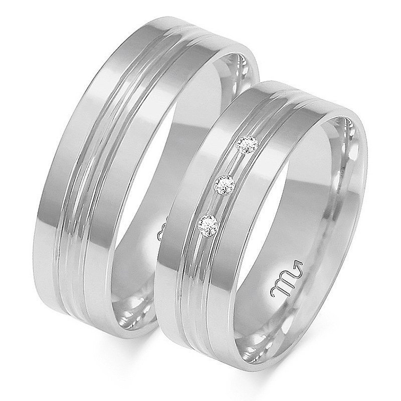 Obrączki ślubne płaskie ozdobione liniami i kamienia 6mm dwukolorowe żółte i białe złoto próba 585