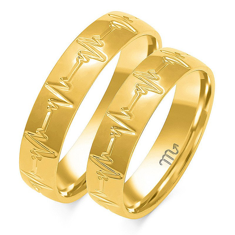 Obrączki ślubne półokrągłe 5mm z EKG bicia serca dwukolorowe żółte i białe złoto próba 585