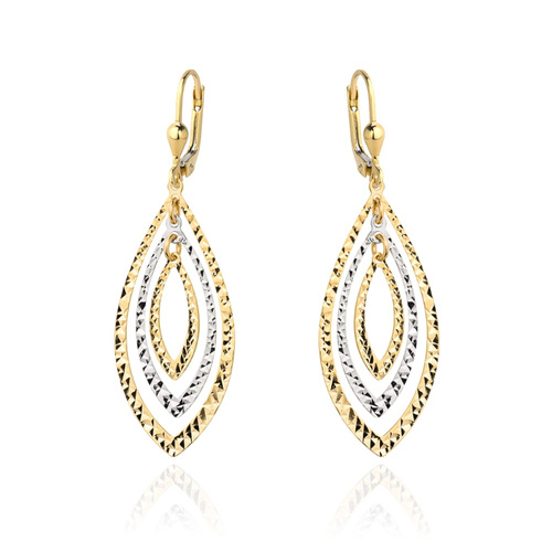 Kolczyki złote listki diamentowane z białym złotem