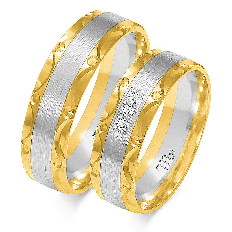 Obrączki ślubne płaskie 6mm bogato zdobione dwukolorowe żółte i białe złoto próba 585