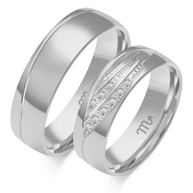 Obrączki ślubne półokrągłe z falą i kamieniami 6mm dwukolorowe z żółtym i białym złotem próba 585