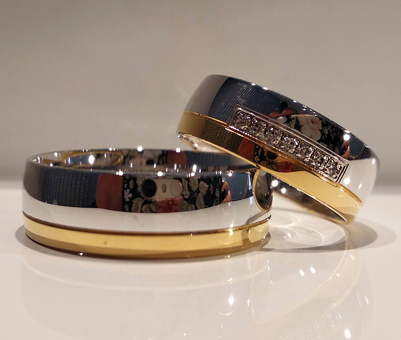 Obrączki ślubne półokrągłe z kamieniami 6,5mm dwukolorowe białe i żółte złoto próba 585