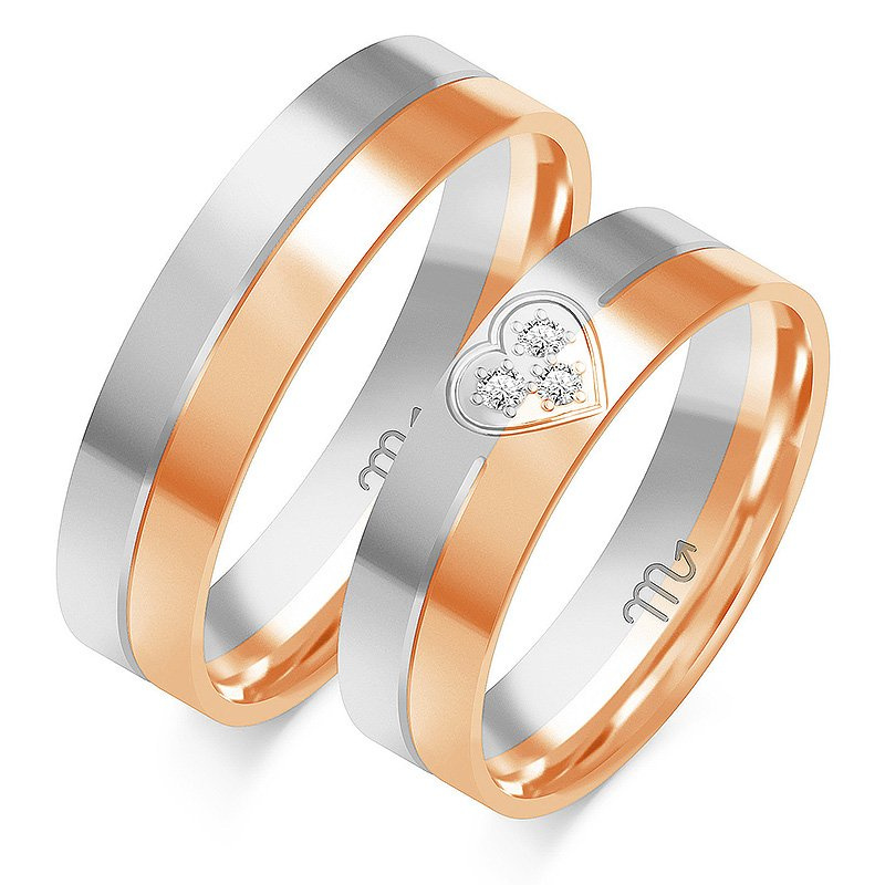 Obrączki ślubne płaskie z motywem serca 5,5mm dwukolorowe z żółtym i białym złotem próba 585