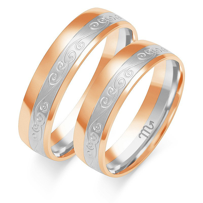 Obrączki ślubne półokrągłe ze wzorem 5,5mm półokrągłe dwukolorowe z żółtego i białego złota próba 585