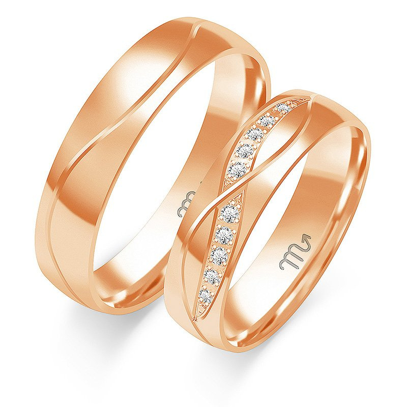 Obrączki ślubne półokrągłe z falami i kamieniami 5mm dwukolorowe z żółtego i białego złota próba 585