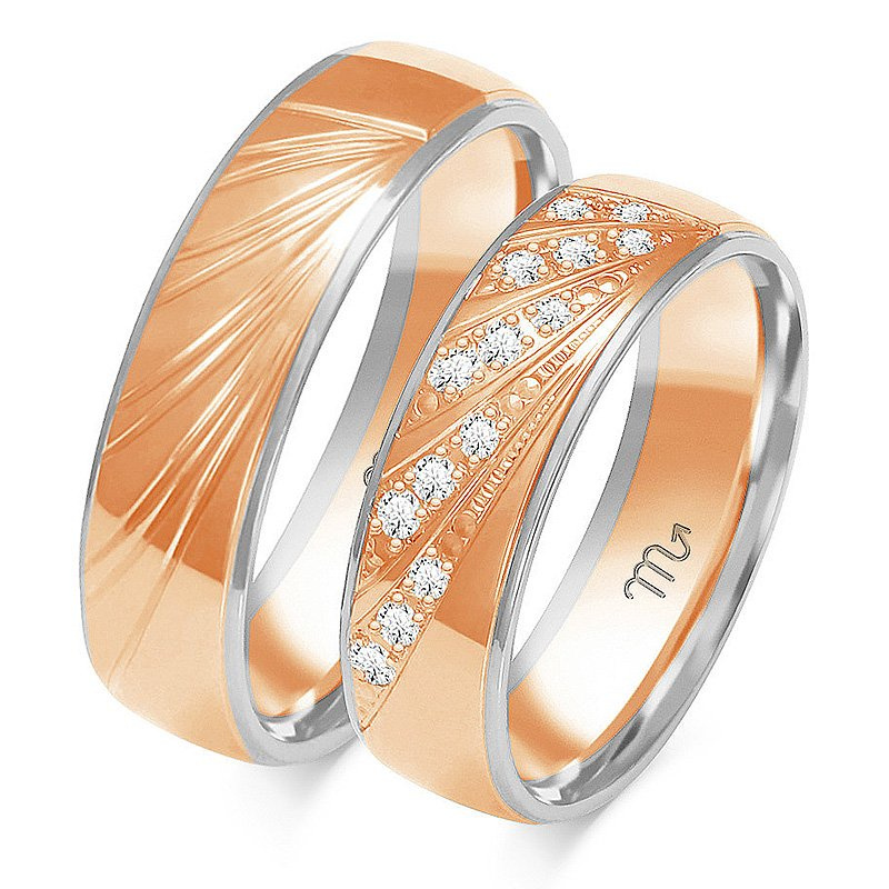 Obrączki ślubne półokrągłe 6mm ze wzorem i kamieniami dwukolorowe żółte i białe złoto próba 585