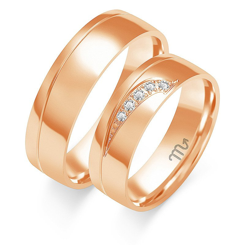 Obrączki ślubne półokrągłe 6mm z falą i kamieniami dwukolorowe z żółtego i białego złota próba 585