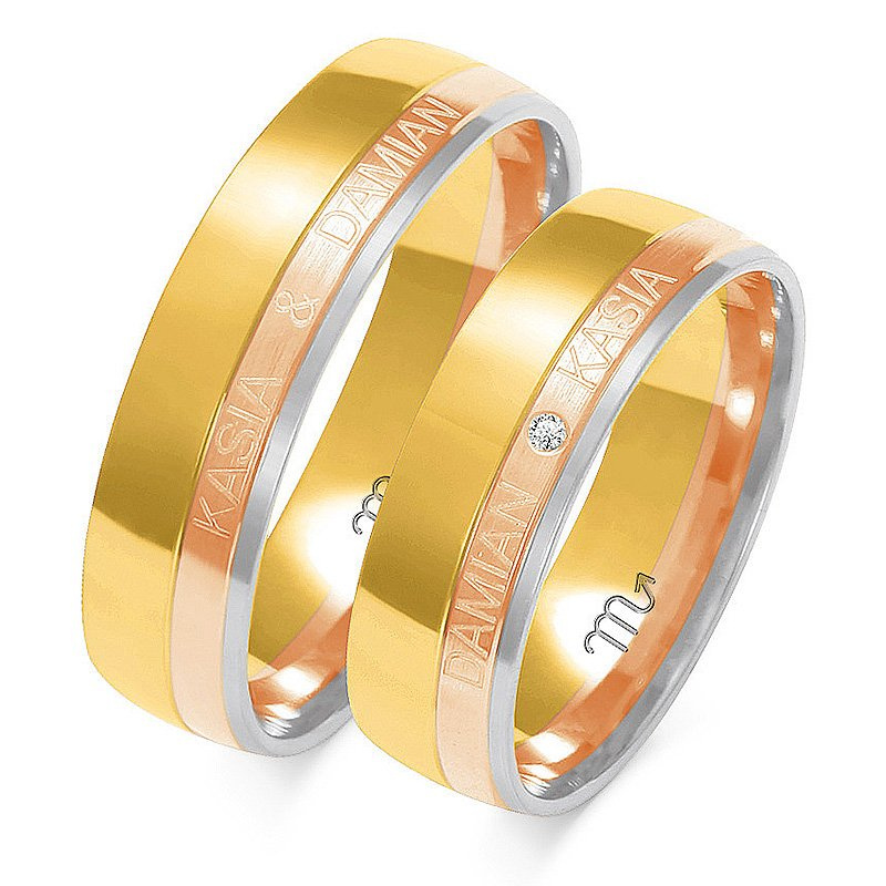 Nietypowe obrączki ślubne z imionami 6mm dwukolorowe żółte i białe złoto próba 585