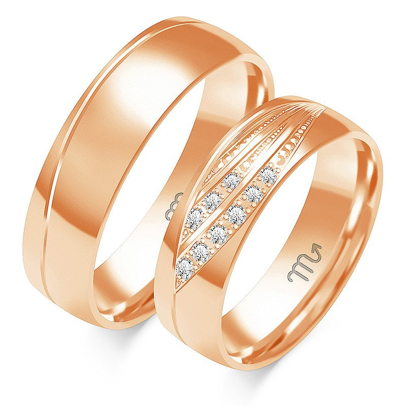 Obrączki ślubne półokrągłe z falą i kamieniami 6mm dwukolorowe z żółtym i białym złotem próba 585