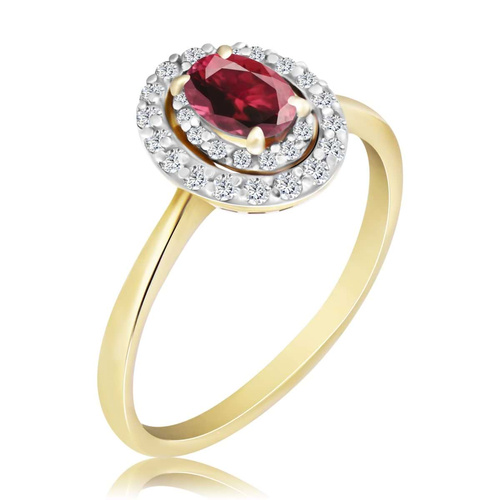 Żółty pierścionek z rubinem i diamentami 