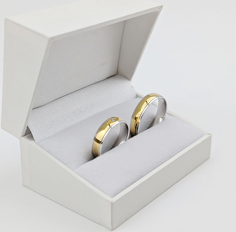 Obrączki ślubne półokrągłe 5,0mm ozdobione kamieniem dwukolorowe żółte i białe próba 585