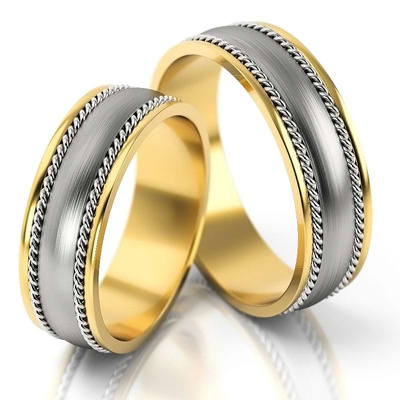 Obrączki ślubne półokrągłe z plecionkami dwukolorowe białe i żółte złoto próba 585