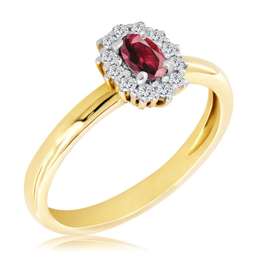 Żółty pierścionek z rubinem i diamentami 