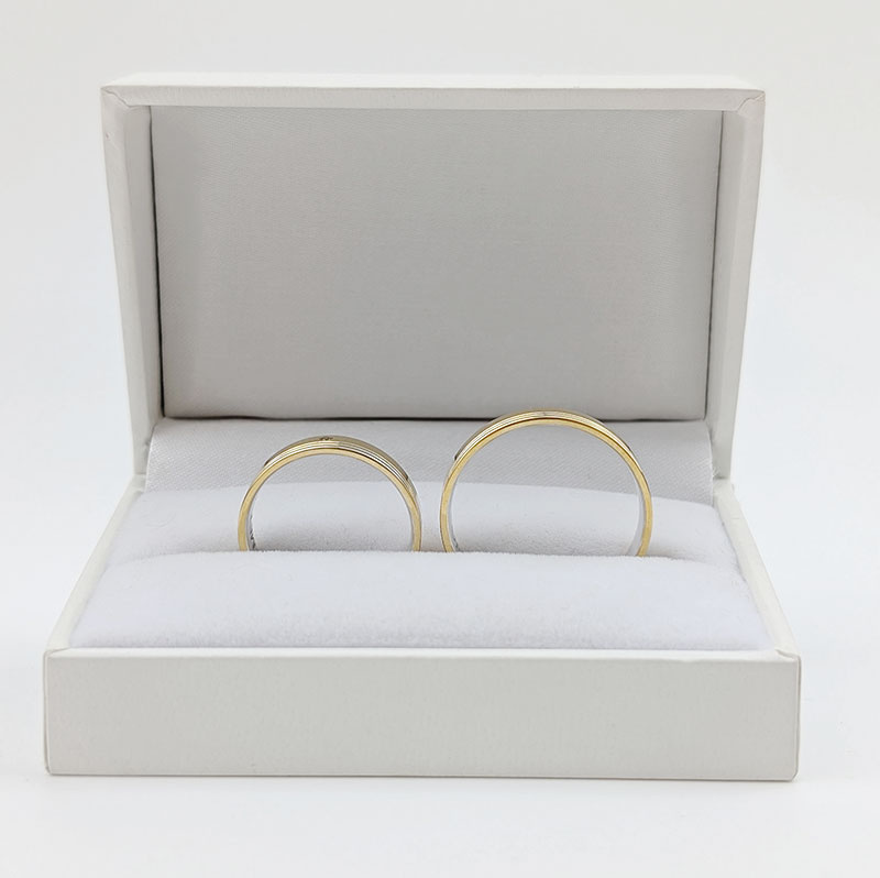 Obrączki ślubne płaskie z linią 4,5mm dwukolorowe żółte i białe złoto próba 585