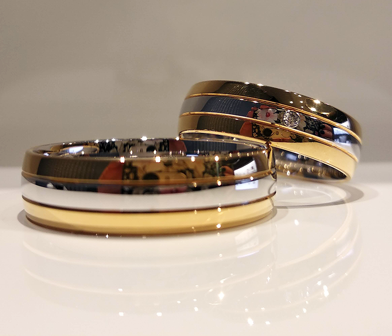 Obrączki ślubne półokrągłe 5,5mm z kamieniem dwukolorowe z żółtego i białego złota próba 585