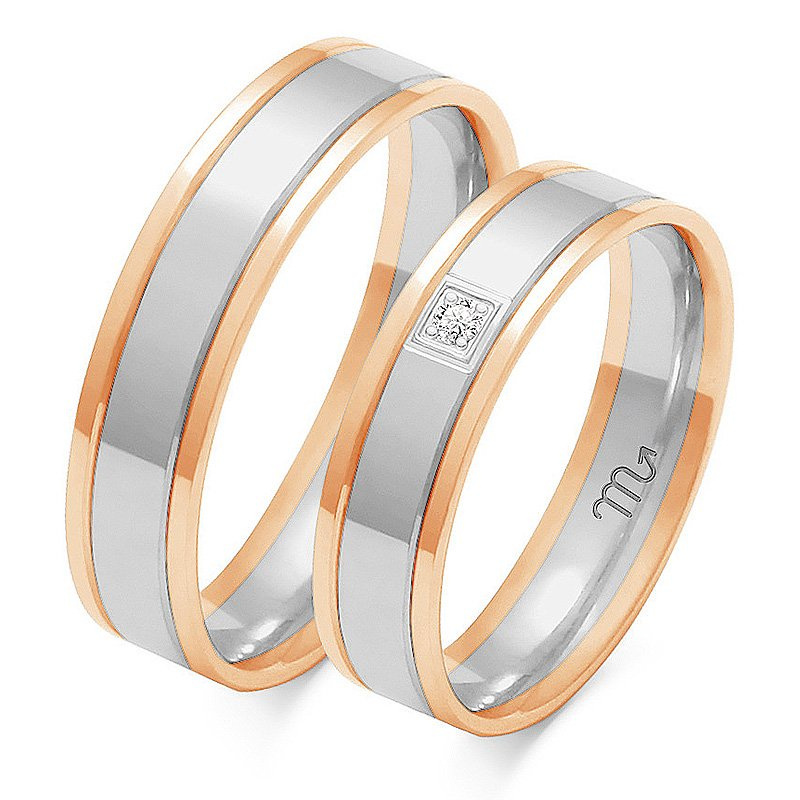 Obrączki ślubne płaskie 5mm z kamieniem dwukolorowe żółte i białe próba 585