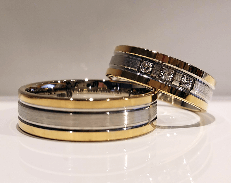 Dwukolorowe złote obrączki ślubne płaskie z kamieniami 6mm próba 585