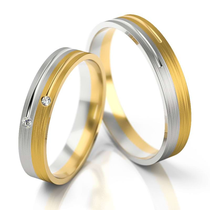 Obrączki ślubne płaskie 4mm z nacięciami i diamentami dwukolorowe białe i żółte złoto próba 585