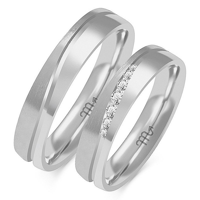 Obrączki ślubne płaskie z fugą i kamieniami 5mm dwukolorowe żółte i białe złoto próba 585