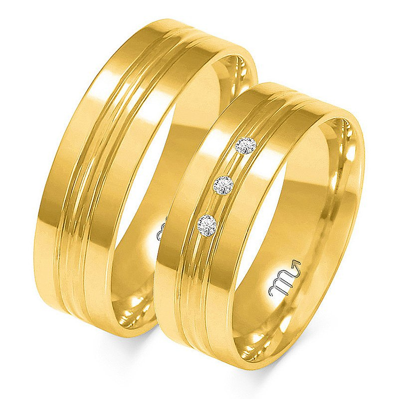 Obrączki ślubne płaskie ozdobione liniami i kamienia 6mm dwukolorowe żółte i białe złoto próba 585