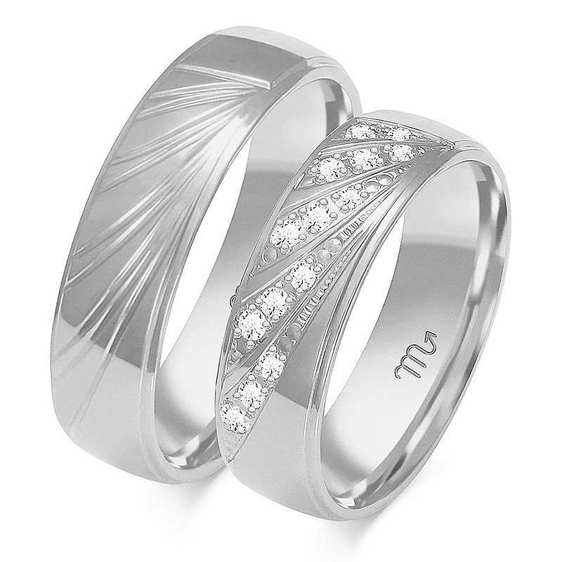 Obrączki ślubne półokrągłe 6mm ze wzorem i kamieniami dwukolorowe żółte i białe złoto próba 585