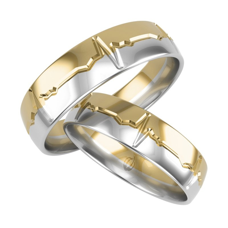 Męska obrączka ślubna półokrągła 5mm z EKG dwukolorowa żółte i białe złoto próba 585