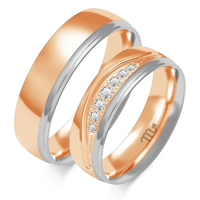 Obrączki ślubne półokrągłe ozdobione liniami 6mm dwukolorowe z żółtego i białego złota próba 585