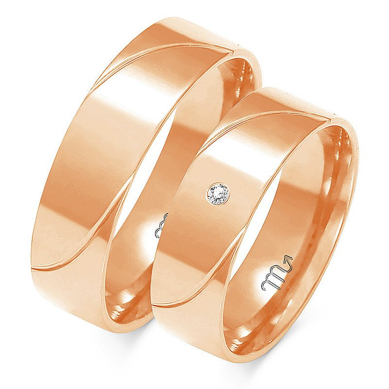 Obrączki ślubne płaskie 6mm ze wzorkiem i kamieniem złoto próba 585