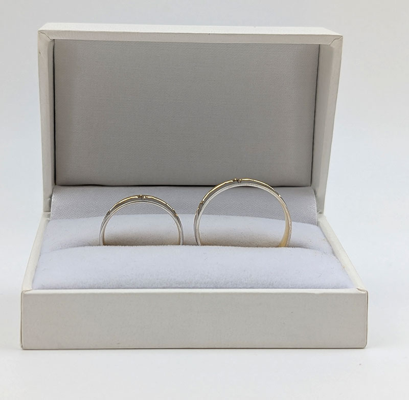 Obrączki ślubne półokrągłe 5mm z EKG dwukolorowe żółte i białe złoto próba 585