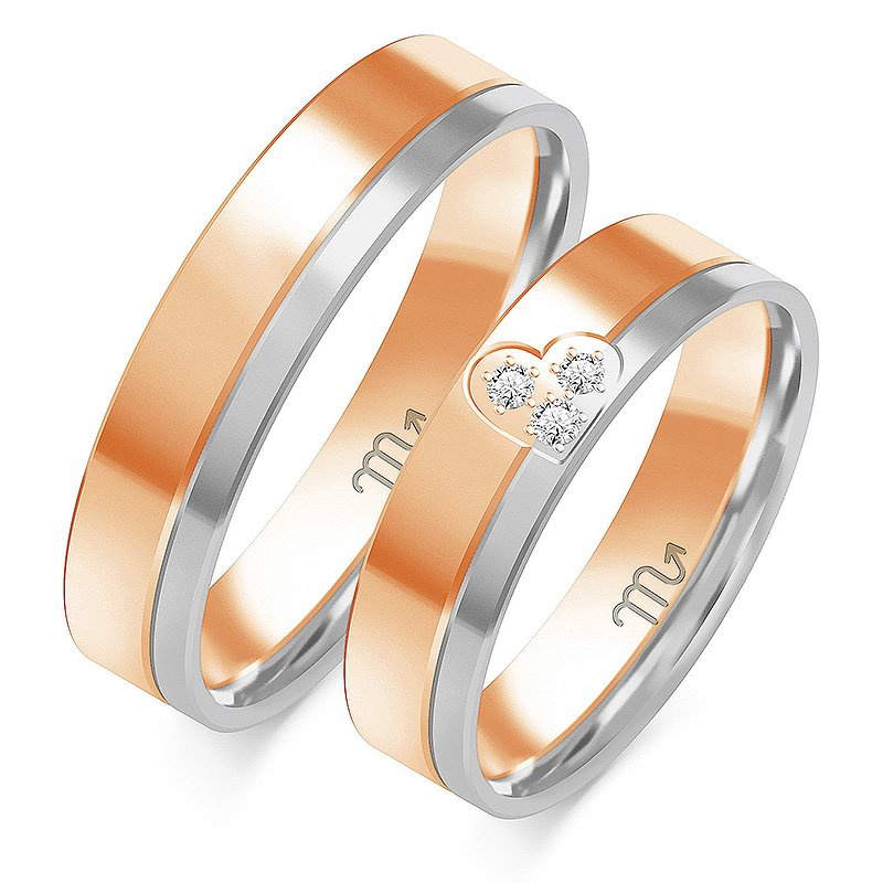 Obrączki ślubne płaskie z sercem 5mm dwukolorowe z żółtym i białym złotem próba 585