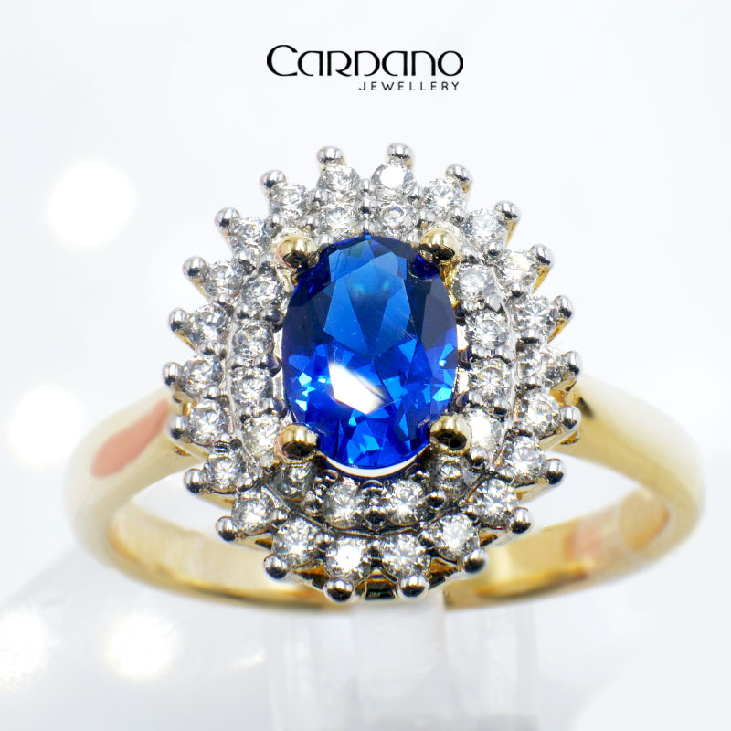 Pierścionek z szafirem i diamentami żółte złoto 585